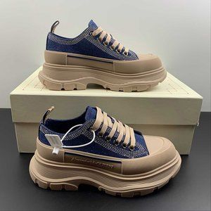 Alexander Mcqueen Cream Tread Slick Canvas Mid Top Blue Sneaker